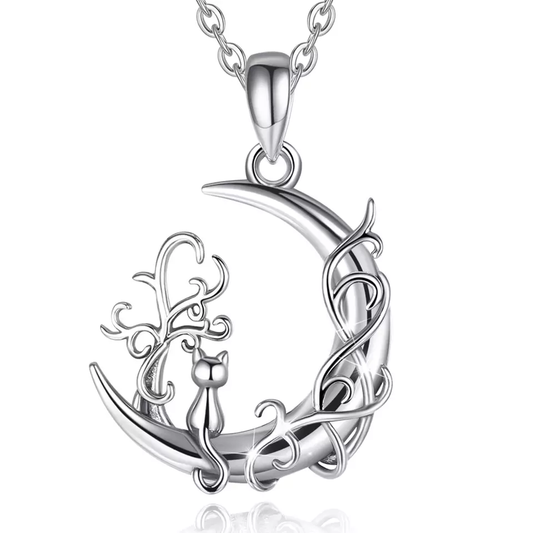 Celtic Moon and Cat  Sterling Silver Necklace