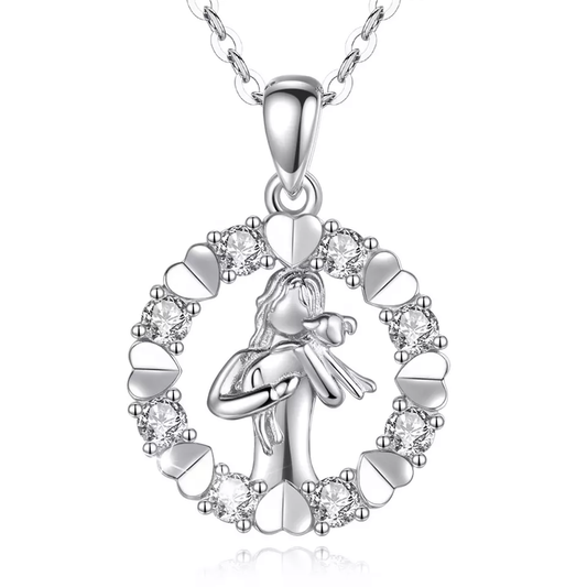 Elegant Circle of Life Girl and Dog  Sterling Silver Necklace