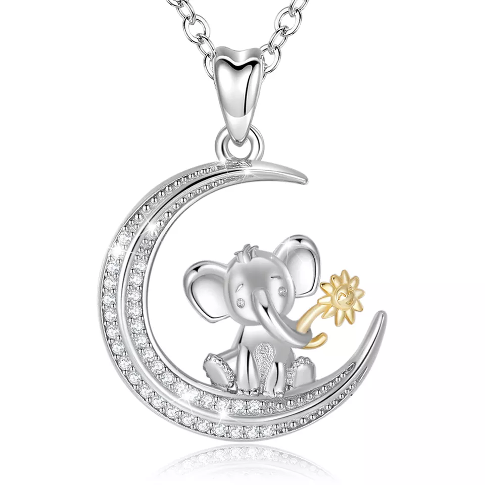 Lucky Moon and Little Elephant  Sterling Silver Necklace