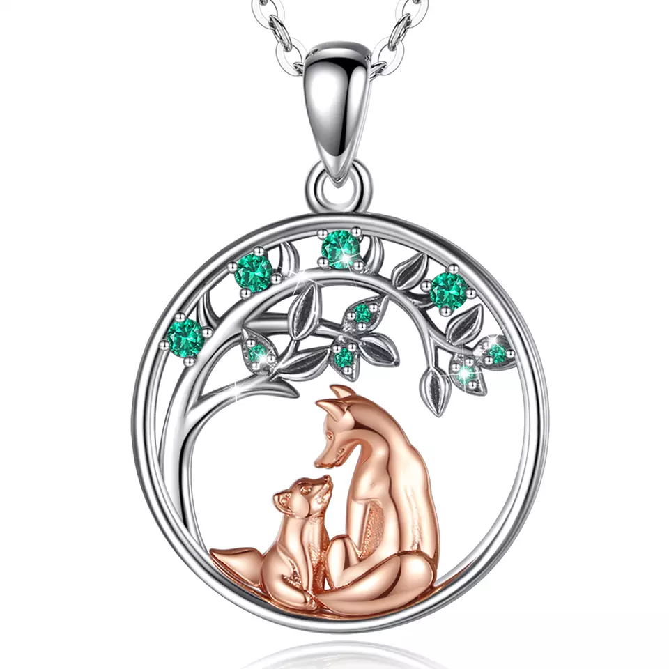 Elegant Fox and Baby  Sterling Silver Necklace