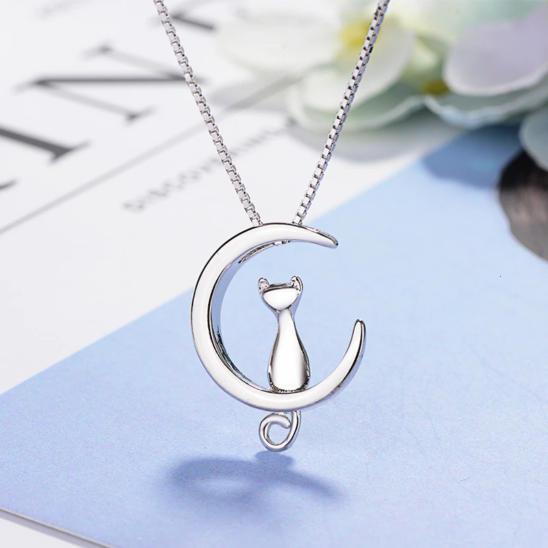 Moon and Cat  Sterling Silver Necklace