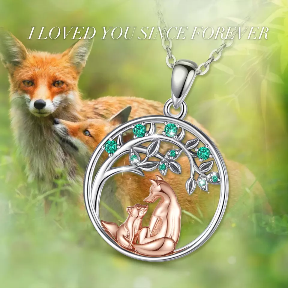 Elegant Fox and Baby  Sterling Silver Necklace