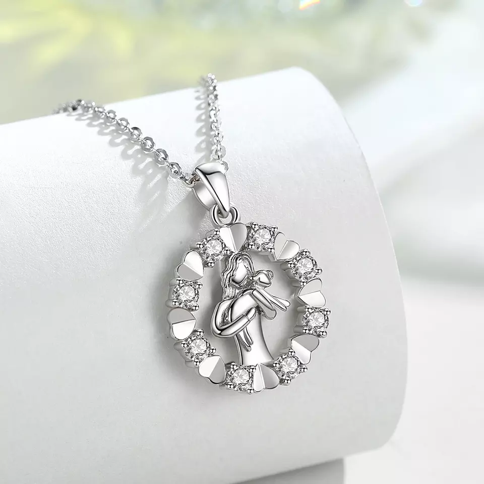 Elegant Circle of Life Girl and Dog  Sterling Silver Necklace