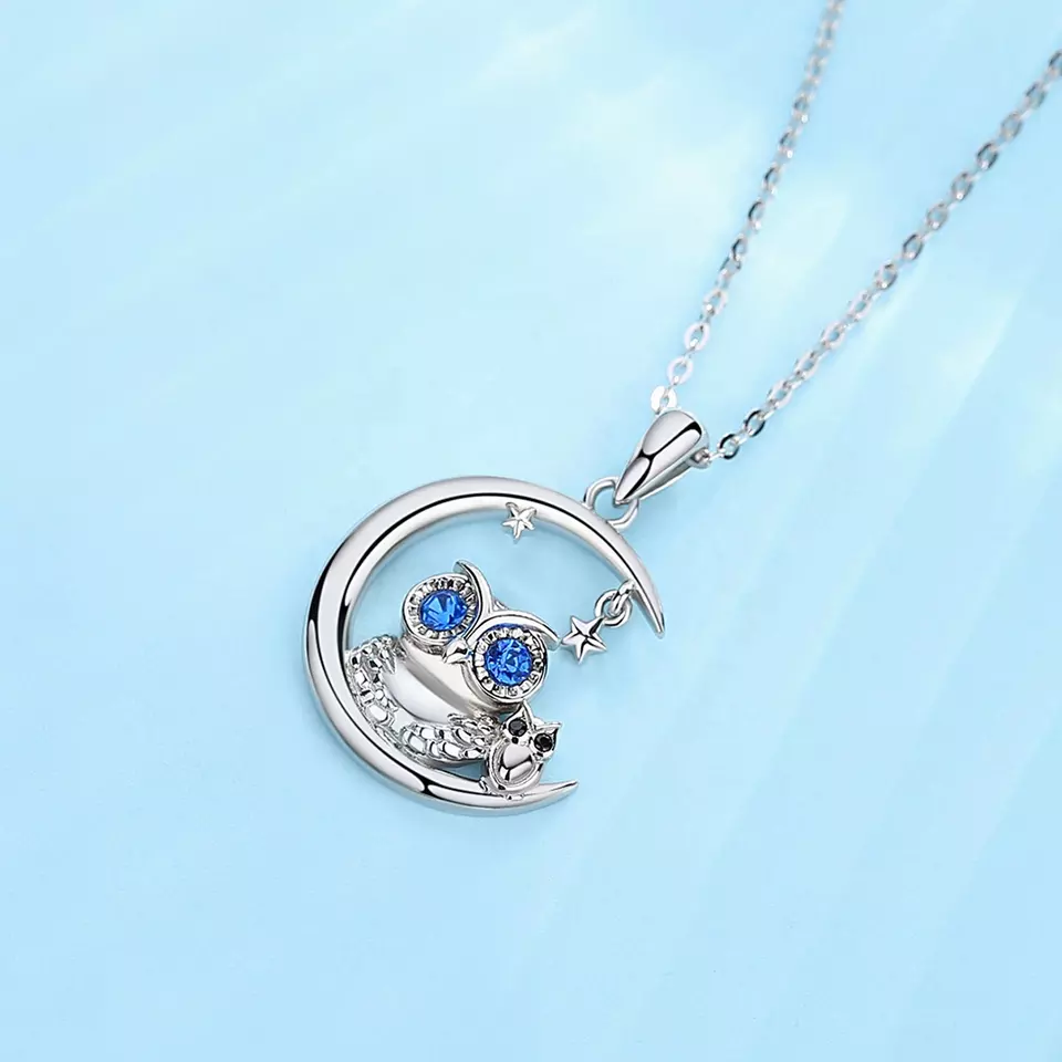 Lucky Moon Owl and Baby Pendant  Sterling Silver Necklace