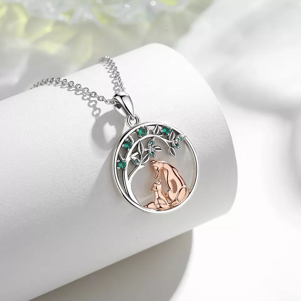 Elegant Fox and Baby  Sterling Silver Necklace