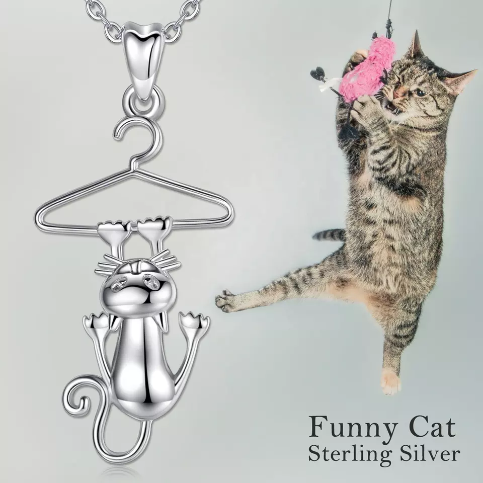 Hanging Funny Cat  Sterling Silver Necklace