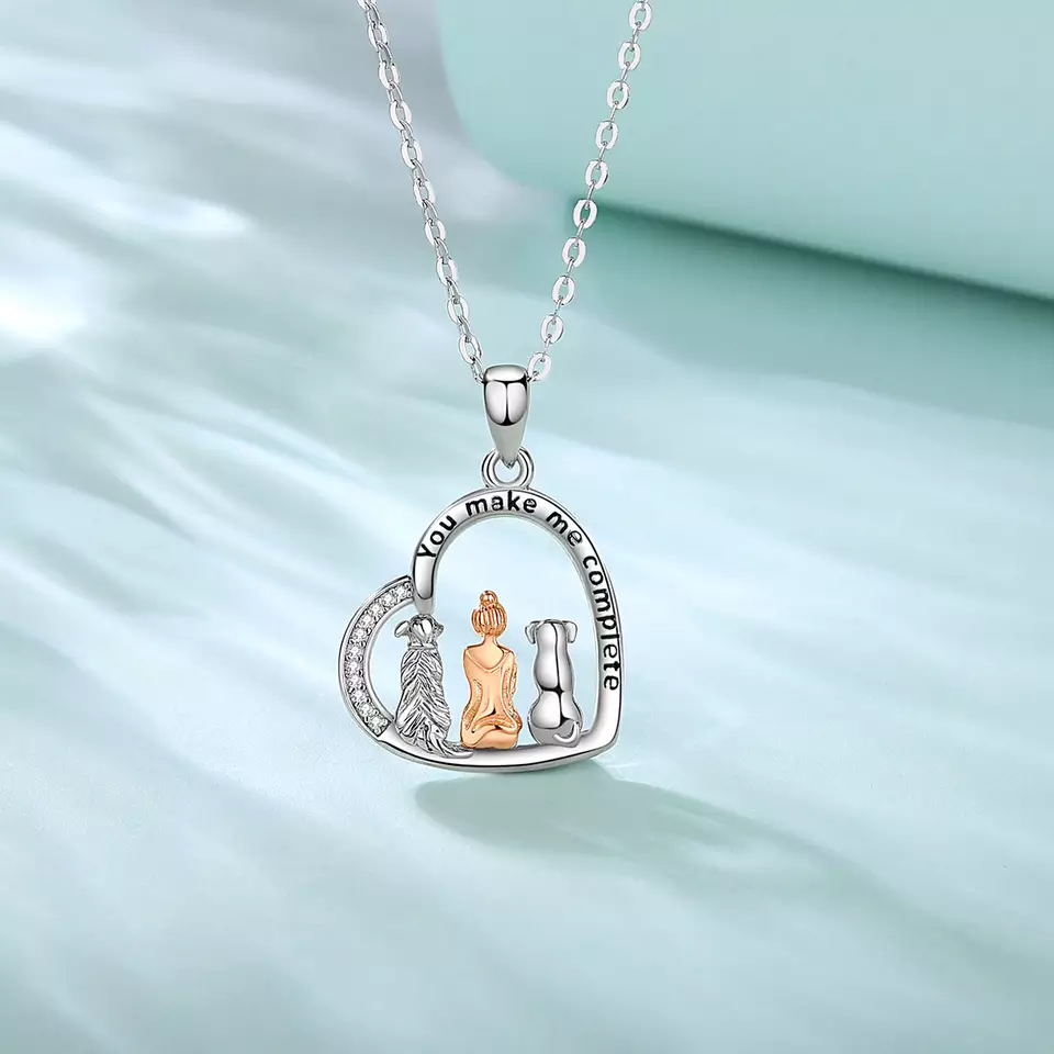 You Make Me Complete Two Dogs  Sterling Silver Necklace