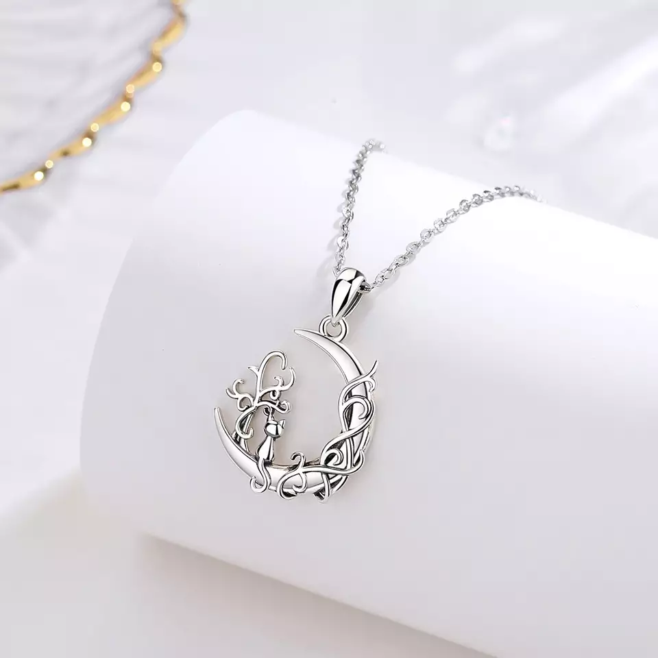 Celtic Moon and Cat  Sterling Silver Necklace