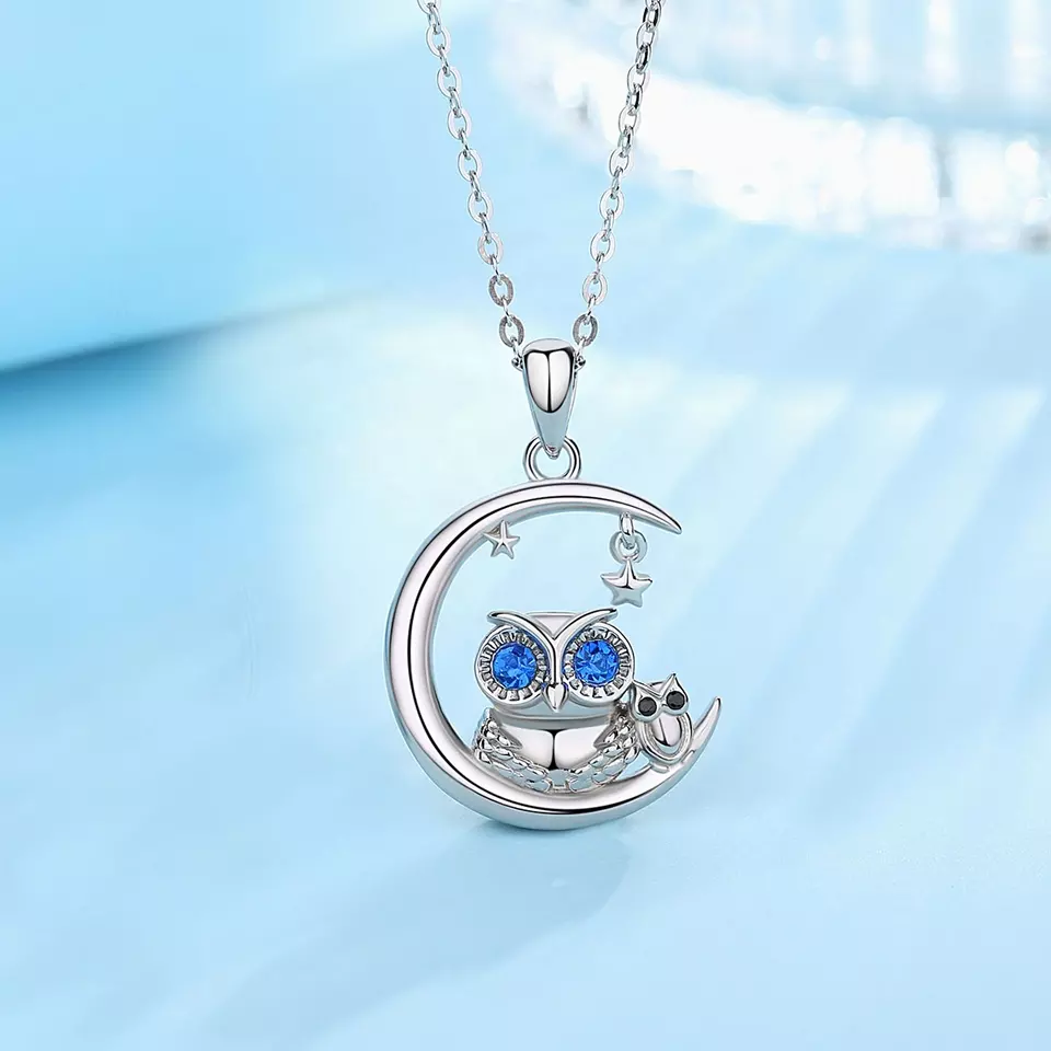 Lucky Moon Owl and Baby Pendant  Sterling Silver Necklace