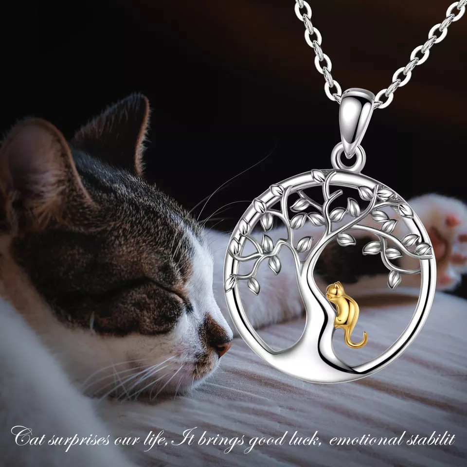 Naughty Cat on a Tree  Sterling Silver Necklace