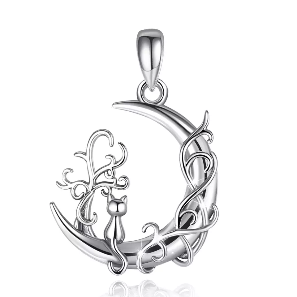 Celtic Moon and Cat  Sterling Silver Necklace