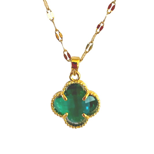 Four Leaf Clover Crystal Necklace 18k Gold Plated Green