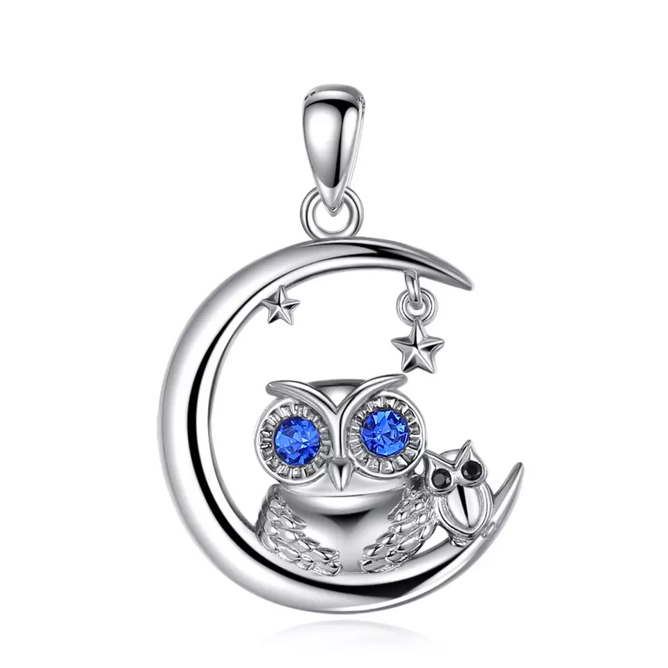 Lucky Moon Owl and Baby Pendant  Sterling Silver Necklace