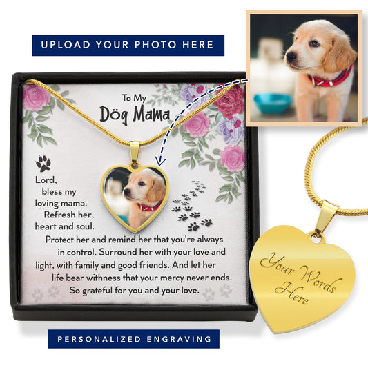 Heart Shaped Personalized Photo Necklace - To My Dog Mama Message Card