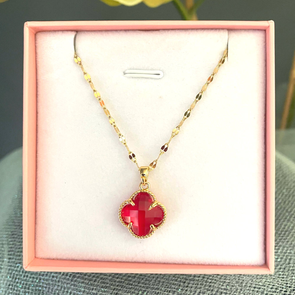 Four Leaf Clover Crystal Necklace 18k Gold Plated Red