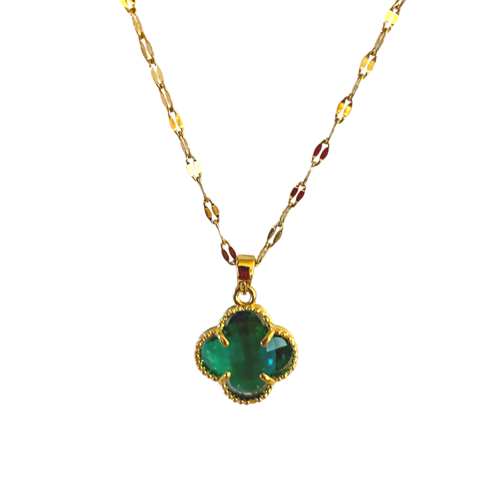 Four Leaf Clover Crystal Necklace 18k Gold Plated Green