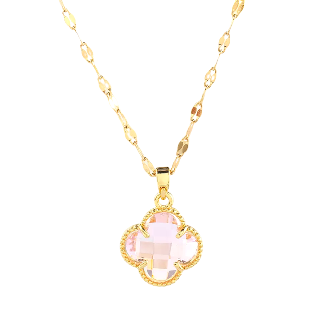 Four Leaf Clover Crystal Necklace 18k Gold Plated Pink