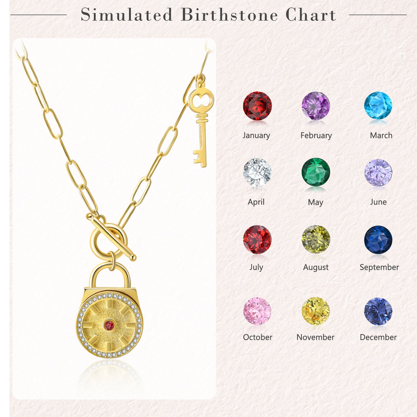 Custom Birthstone Lock Photo Necklace With Key