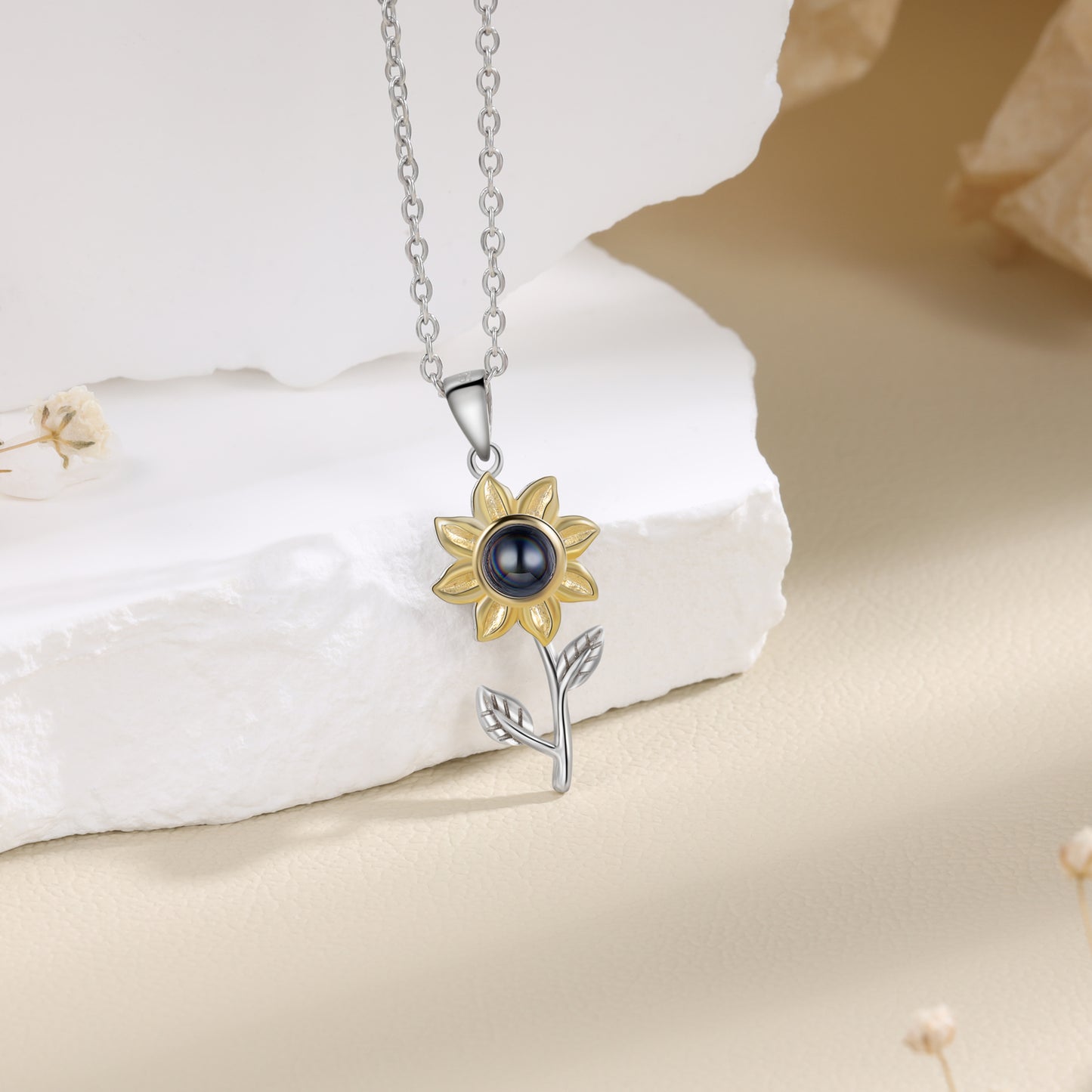 Custom Photo Projection Sunflower Necklace Sterling Silver